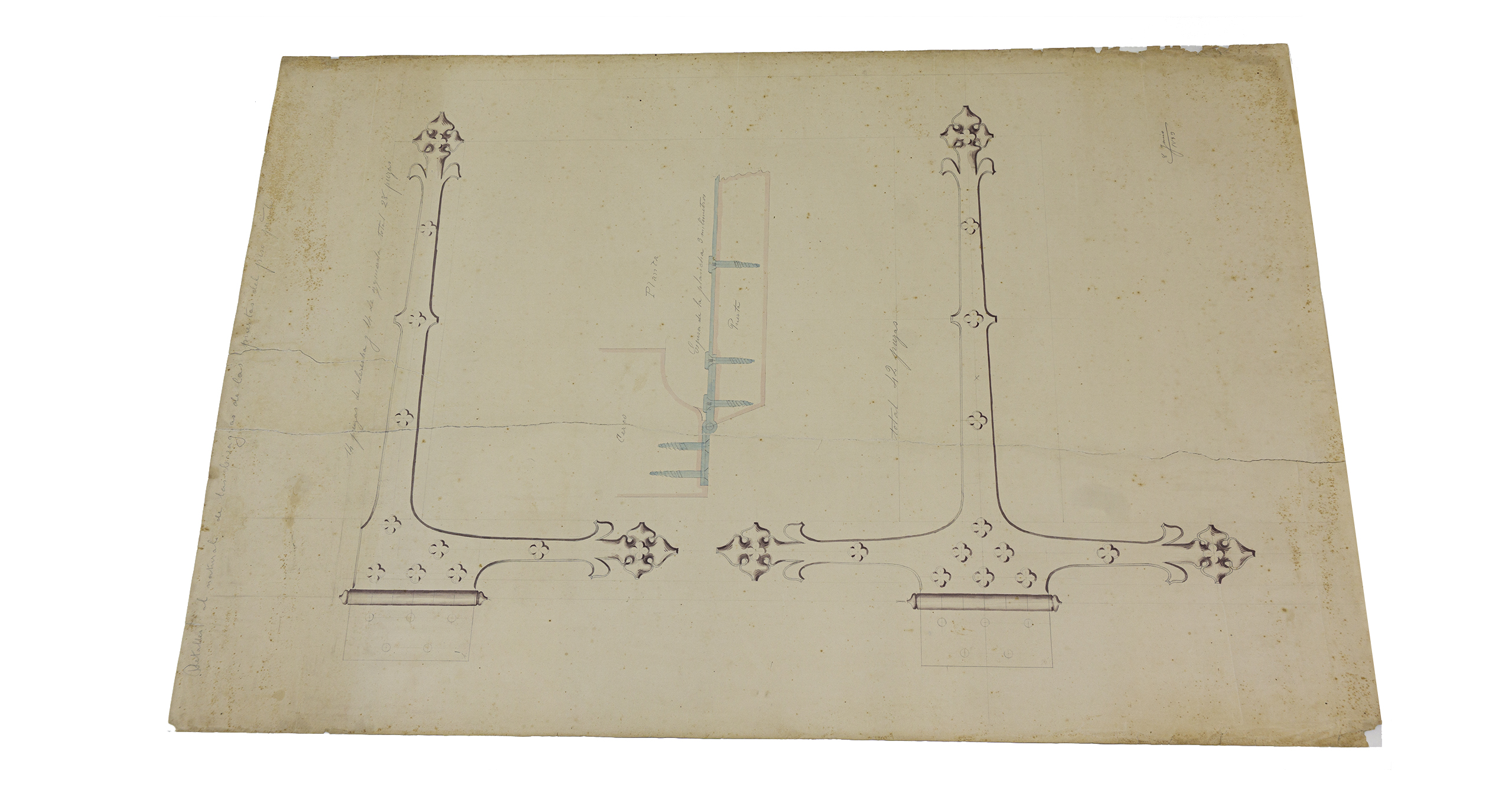 PLA612 P4/8  Dibujos del proyecto de bisagras para las puertas y vidrieras del Palacio del Consell (1893), antes de la intervención