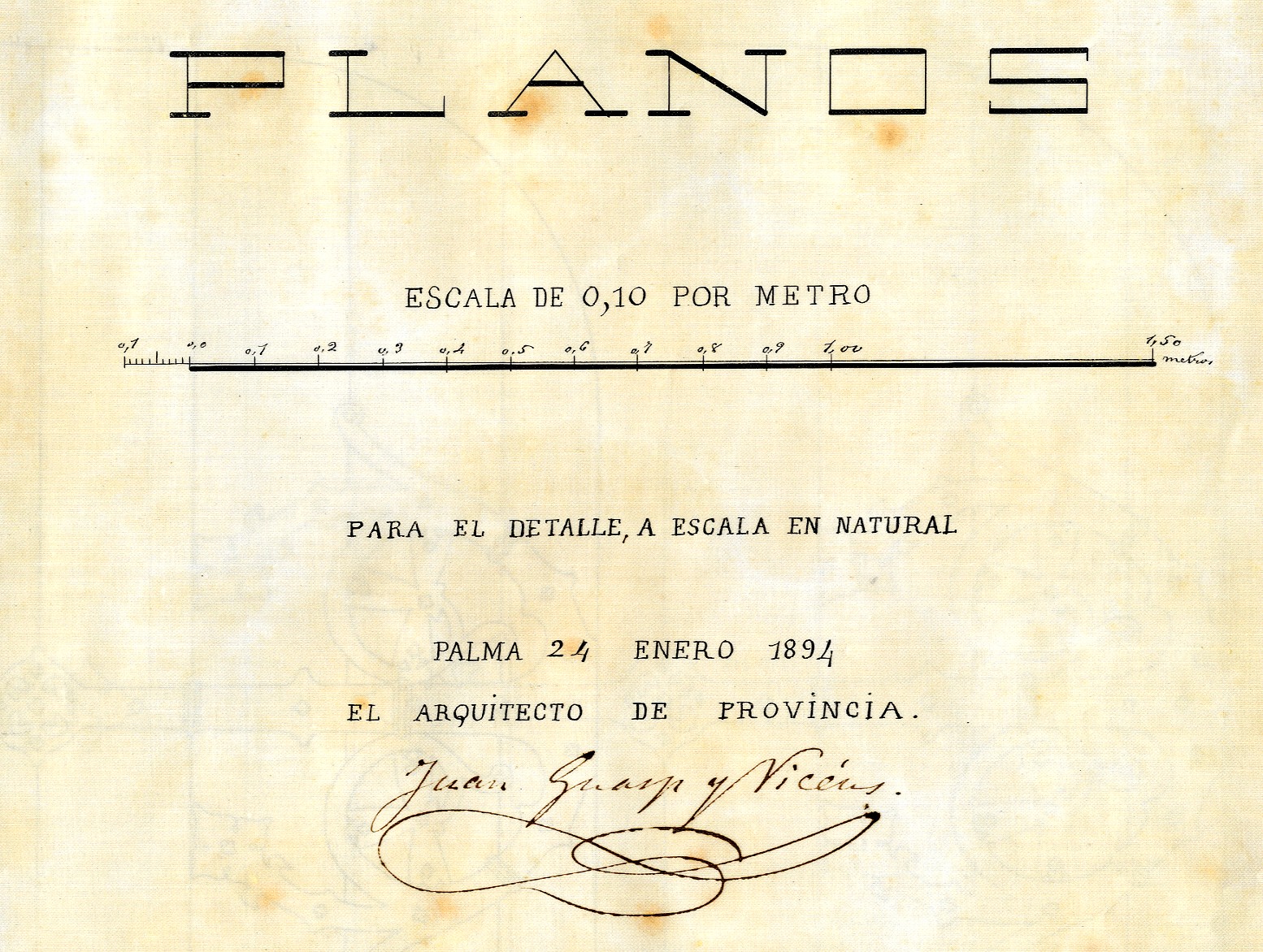 V-790/3 Detalle de la portada (escala y firma del arquitecto) del proyecto de edificio para la Diputación Provincial (1894).