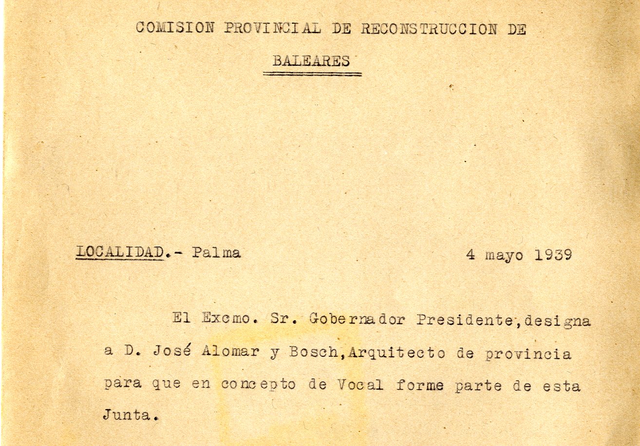 XII-729/1 Nombramiento de José Alomar Bosch, arquitecto provincial, como vocal de la Junta