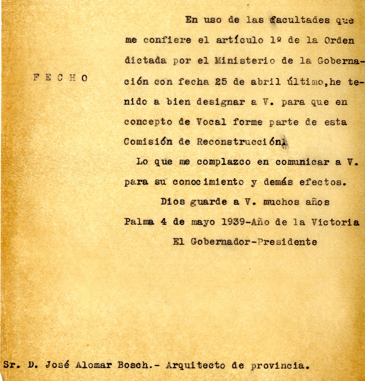 XII-729/1 Comunicación a José Alomar Bosch de su nombramiento como vocal de la Junta